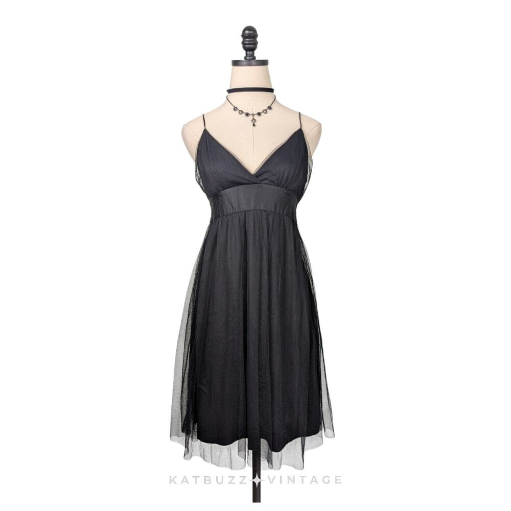 Y2K Forever 21 Babydoll Dress M L Black Mesh Vintage Sheer Glam Fairy Goth Party